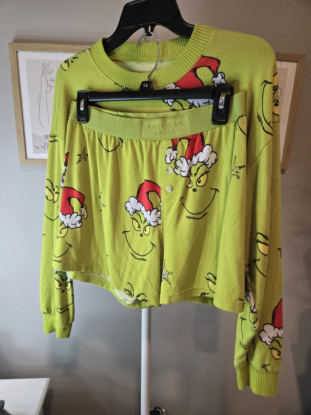 American Eagle Outfitters Lime Green Grinch Print Pajama Set